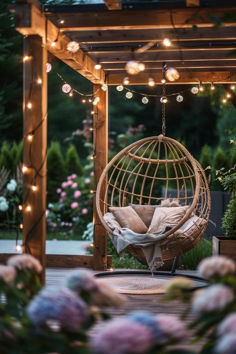 How To Hang A Swing Chair Outdoors: Installation Guide Outdoor Swinging Chair, Pergola With Hanging Chairs, Hanging Bench Outdoor, Hanging Basket Chair, Hanging Chairs Outside, Garden Hanging Chair, Contemporary Porch, Pagoda Roof, Outdoor Hanging Bed