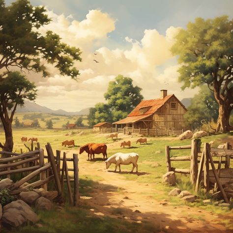 Sheep Grazing, Farm Village, Farm Paintings, Country Landscape, Sheep Farm, Farm Art, Pretty Landscapes, Country Landscaping, Beautiful Painting