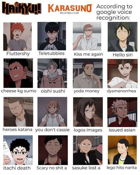 Haikyuu Name List, Haikyuu Characters Cards, Google Voice, Voice Recognition, Haikyuu Karasuno, Haikyuu Characters, Fluttershy, Logo Images, Haikyuu Anime