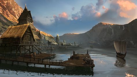 North European Village 04, Marko Drazic on ArtStation at https://www.artstation.com/artwork/vEXoD Fantasy Village, European Village, Lake Village, Art Village, Medieval Houses, Fiction Idea, Scenery Background, Fantasy Places, Fantasy Setting