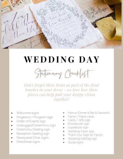 Wedding Contact Sheet, Signage List For Wedding, List Of Wedding Signage, List Of Signage For Wedding, Day Of Wedding Signage, Wedding Day Signage Checklist, Canva Wedding Stationary, Wedding Stationery List, Wedding Diy Stationery