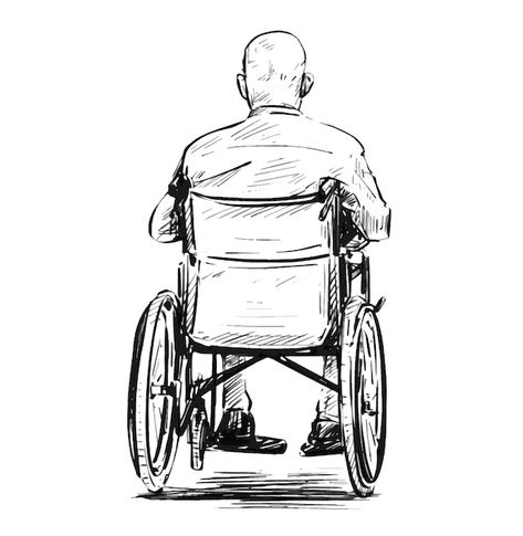 Hospital Sketch Drawings, Disabled Drawing, Wheel Chair Drawing, Wheelchair Character Design, Old Person Drawing, Wheelchair Tattoo, Disabled Character Design, Wheelchair Drawing, Wheelchair Illustration