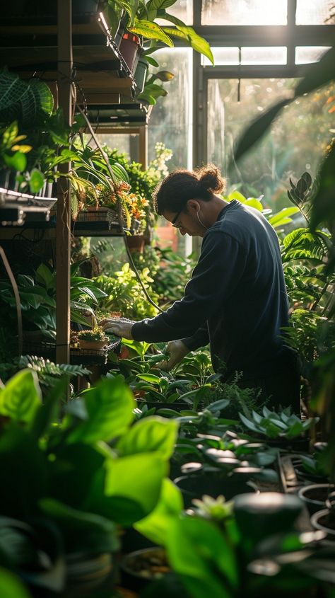 Gardening Indoor Haven: A tranquil scene of a person tending to plants in a lush indoor greenhouse environment. #gardening #greenhouse #sunlight #plants #caring #aiart #aiphoto #stockcake ⬇️ Download and 📝 Prompt 👉 https://stockcake.com/i/gardening-indoor-haven_320253_481571 Greenhouse Photoshoot Ideas, Photoshoot In Greenhouse, Green House Photography, Plant Room Photoshoot, Greenhouse Studio Photography, Sunlight Plants, Greenhouse Photography, Gardening Greenhouse, Greenhouse Photoshoot