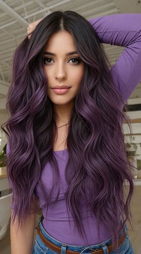 Bold Wavy Layers with Deep Purple Hues, Cute Layered Hairstyle For Long Hair, long layered haircut Layered Hairstyles For Long Hair, Cute Layered Hairstyles, Long Wavy Layers, Deep Purple Hair, Purple Balayage, Wavy Layers, Chic Haircut, Purple Ombre Hair, Dark Purple Hair