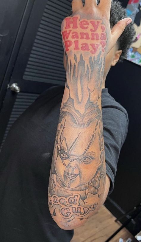 Chucky Forearm Tattoo, Chucky Arm Tattoos, Hand Tattoo Ideas For Men Black, Arm To Hand Tattoo Men, Stud With Tattoos, Tattoos For Studs, Studs With Tattoos, Hand And Forearm Tattoo For Men, Stud Tattoo Ideas