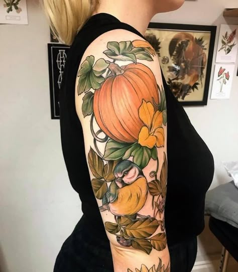 Acorn Tattoo, Art Inspired Tattoos, Pumpkin Tattoo, Autumn Tattoo, Movie Tattoos, Vine Tattoos, Flower Tattoo Sleeve, Tree Of Life Tattoo, Pumpkin Flower