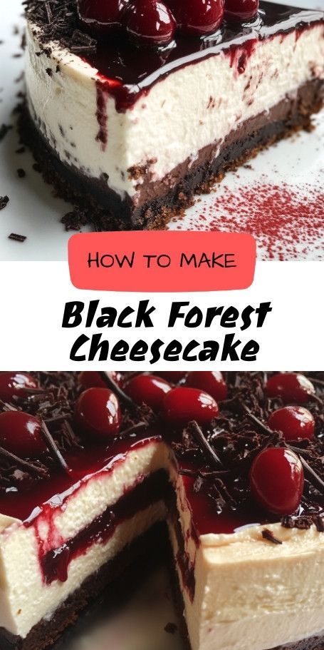 Black Forest Cheesecake Delight | Decadent Chocolate & Cherry Dessert Recipe Indulge in the rich flavors of this Black Forest Cheesecake Delight, perfectly blending chocolate and cherries. Ideal for special occasions or satisfying your sweet cravings. Follow the simple recipe for a gourmet treat that will impress! #BlackForestCheesecake #ChocolateLovers #DessertRecipe #BakingJoy Chocolate Cherry Dessert Recipes, Cheesecake Deserts, Cheesecake Delight, Cherry Recipes Dessert, Black Forest Cheesecake, Yummy Cheesecake, Cherry Desserts, Cheesecake Cake, Gourmet Treats