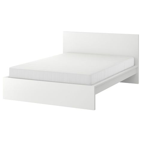 MALM bed frame with mattress, white, Full. A clean design that’s just as beautiful on all sides – place the bed on its own or with the headboard against a wall. If you need space for extra bedding, add MALM bed storage boxes on casters. Head/footboard: Particleboard. Ikea Bed Full Size, White Bedframe Ikea, White Bed Frame Aesthetic, White Ikea Bed, Malm Bed Storage, Ikea Bed Frame, Bed Frame Simple, White Double Bed, Malm Bed Frame