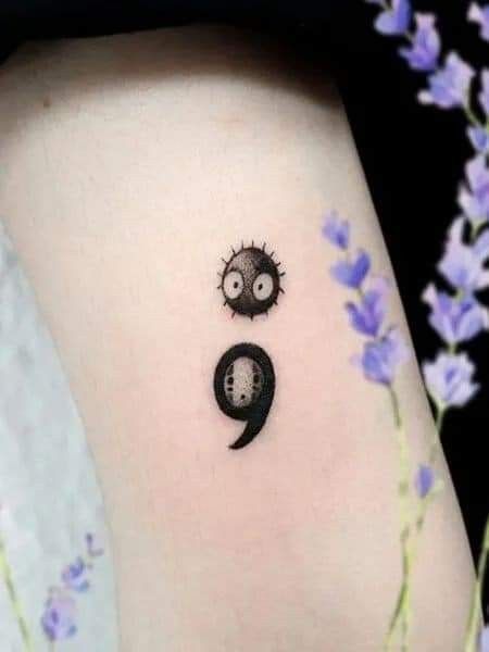 Micro Anime Tattoo, Soot Sprite Tattoo, Sprite Tattoo, Semicolon Wrist Tattoo, Semicolon Tattoo Ideas, Serotonin Tattoo, Semicolon Tattoos, Matching Tats, Soot Sprite