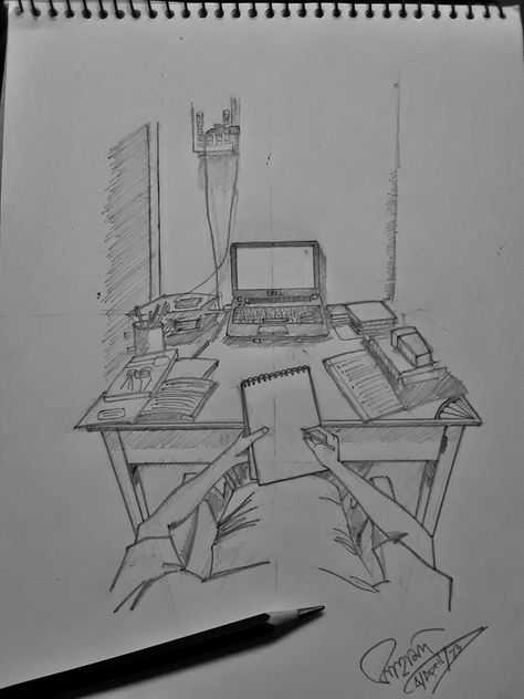 A Perspective drawing of me drawing me on my table. Paper On Table Drawing, School Perspective Drawing, Top View Perspective Drawing, First Person Perspective Drawing, Messy Desk Drawing, Table Reference Drawing, Desk Drawing Sketch, First Person Point Of View Drawing, Table Drawing Sketch