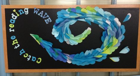 Library bulletin board.  Using tag line for other materials too. Ocean Bulletin Board, Beach Theme Classroom, Ocean Classroom, Summer Bulletin Boards, Library Bulletin Board, Reading Bulletin Boards, Library Themes, Library Book Displays, Church Bulletin Boards