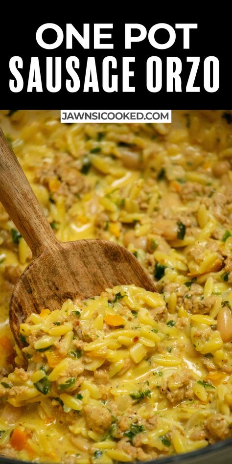 This delicious Italian Sausage Orzo recipe is creamy, comforting, and quick, making it a great one pot meal for busy weeknights! With plenty of veggies, creamy cannelini beans, and flavorful Italian sausage- this meal is super satisfying any night of the week! Hot Italian Sausage Dinner Ideas, Orzo And Italian Sausage Recipes, Cheesy Italian Sausage Orzo, Italian Sausage And Beans, Italian Sausage Orzo Recipes, Meals With Ground Italian Sausage, Ground Beef And Orzo Recipe, Sausage Orzo Recipes, Italian Sausage Recipes Crockpot