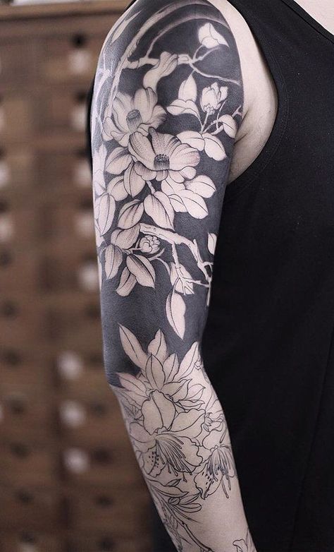 Flower full sleeve tattoo - 95 Awesome Examples of Full Sleeve Tattoo Ideas  <3 <3 Full Sleeve Tattoo Ideas, Full Tattoo, Sleeve Tattoo Ideas, Full Sleeve Tattoo Design, Blackout Tattoo, Black And White Flower, Tattoos Geometric, Flower Sleeve, Tattoo Women