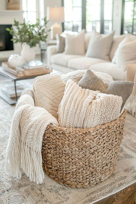 Basket With Blankets Living Rooms, Large Basket Decor Ideas, Floor Basket Decor Ideas, Basket For Blankets Living Rooms, Blanket Storage Living Room, Blanket Storage Ideas, Baskets For Blankets, Basket Decor Ideas, Living Room Baskets