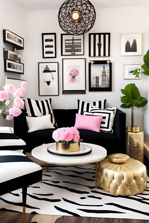 White Black Pink Aesthetic, Cloffice Ideas, Maximalist Interior Design, Modern Apartment Decor, Maximalist Interior, Podcast Studio, Home Decor Aesthetic, Gold Living Room, Aesthetic Home Decor