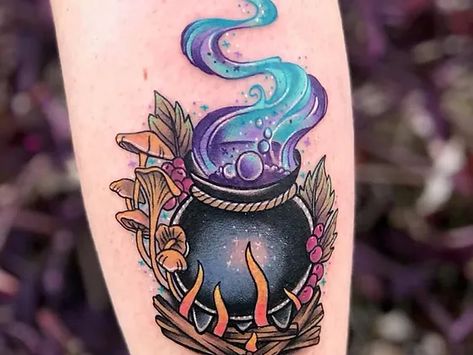 Cauldron Tattoo, Mystical Tattoos, Tatuaje A Color, Tattoo Portfolio, Line Art Tattoos, Under My Skin, Halloween Tattoos, Witch Art, Tattoo Design Drawings