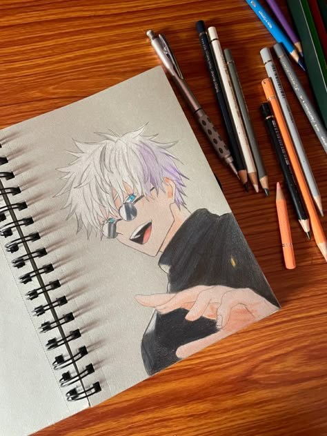 Gojo Satoru Drawing Color, Gojo Drawing Color, Gojo Drawing Sketch, Jujutsu Kaisen Sketch, Gojo Satoru Drawing, Coloured Sketches, Gojo Drawing, Black Pen Drawing, Mega Evolution Pokemon