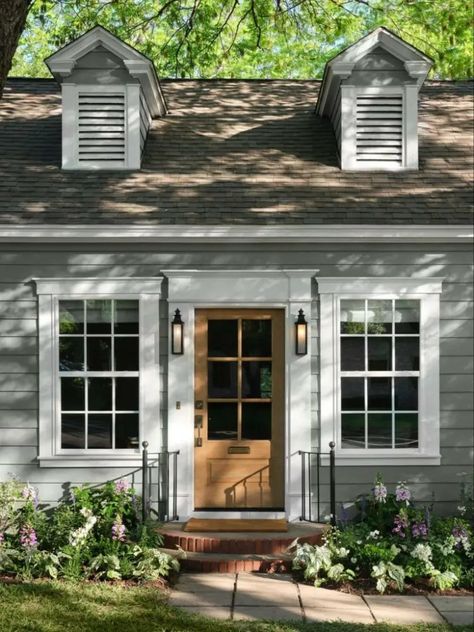 Fixer Upper Welcome Home, Fixer Upper Homes, White Interior Paint, Red Oak Hardwood Floors, Red Oak Hardwood, Front Porch Lighting, Cottage Exterior, Style Cottage, Troy Lighting