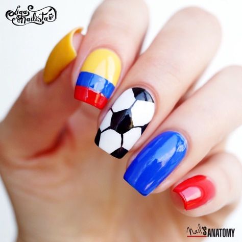 Nail Art for the 2018 World Cup - - NAILS Magazine Colombia Flag Nails Design, Soccer Ball Nails Designs, Colombia Inspired Nails, Soccer Nail Art, Colombian Nails Designs, Colombia Nails Design, Tricolor Nails, Soccer Nails Design, Colombian Nails