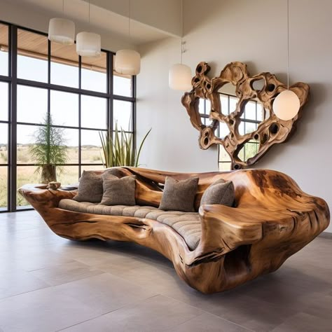 Traditional Cushions, Unique Furniture Design, Wood Furniture Design, Wood Bedroom Furniture, Live Edge Furniture, Wooden Sofa, Beautiful Interior Design, January 7, Dream House Decor