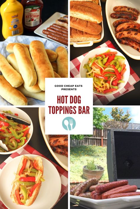 Hot Dog Toppings Bar, Sausage Bar, Hot Dog Bar Toppings, Toppings Bar, Sauteed Peppers And Onions, Hot Dog Toppings, Homemade Guacamole, Hot Dog Recipes, Homemade Chili