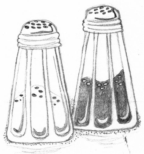 salt & pepper shakers Salty Drawing Ideas, Salt And Pepper Shakers Drawing, Salt And Pepper Drawing, Salt Shaker Drawing, Cookbook Drawings, Salt Drawing, 500 Drawing Prompts, Prompts Drawing, Tattoo Tree