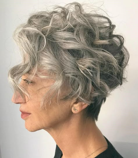 Tapered Curly Gray Pixie Cut Curly Pixie Cut, Wavy Pixie Cut, Curly Pixie Haircuts, Wavy Pixie, Grey Curly Hair, Pixie Cut With Bangs, Curly Pixie Cuts, Short Curly Haircuts, Curly Pixie