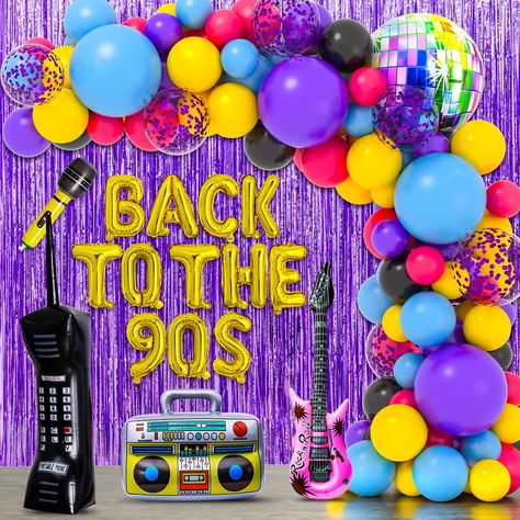 PRICES MAY VARY. 【90s party decoration】This 90s theme party decorations set will satisfy all your demands for party supplies.Come with inflatable foil 22" disco ball balloon*1, boom box*1, mobile phone*1, guitar*1, microphone*2,purple balloon*17(5",10",18")Blue balloon*17(5",10",18"),Black balloon*13(5",10"), yellow balloon*13(5",10"),Rose*13(5",10"),12" shining purple balloon*6, Tinsel Foil Fringe Curtain*1,tying tool,balloon arch strip*1,glue points,total 101pcs 【Easy to Assemble】No experience 90s Hip Hop Party Decorations, 90s Disco Party, 90s Theme Party Decorations, 90s Hip Hop Party, 90s Party Decorations, 90s Theme Party, Disco Party Decorations, Hippie Party, 90's Birthday Party