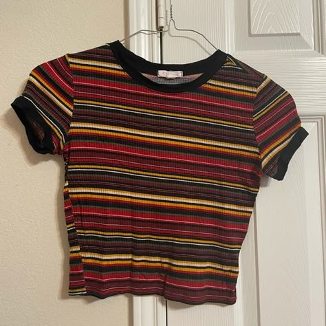 Colorful stripped strechy shirt top Aesthetic Striped Shirt, 60s Womens Fashion Casual, Coraline Striped Shirt, Striped Clothes Aesthetic, 1970s Shirts Women, 90s Fashion Tops, Retro Stripes Outfit, Striped Shirts Aesthetic, 70s Striped Shirt