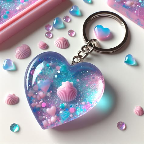 Get a heart-shaped, glittery resin art keychain for teenagers. Filled with tiny seashells and designed with pastel blue, pink, and purple hues. Strong ring and chain included. #TeenFashion #ResinArt #Keychain #FashionAccessories #GiftsForTeens #CuteKeychains Resinart Keychain, Heart Resin Keychain, Resin Art Keychain, Resin Art Ideas, Tiny Seashells, Art Keychain, Colorful Keychain, Heart Resin, Pusheen Cute