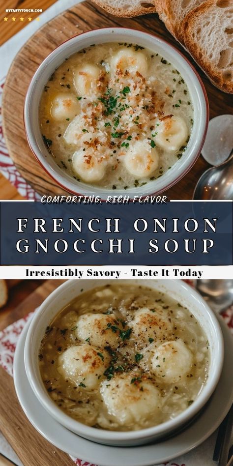 I absolutely love this French Onion Gnocchi Soup! It's rich, savory, and perfect for cozy nights in. The tender gnocchi paired with caramelized onions creates a bowl of warmth that always hits the spot. Topped with a sprinkle of herbs and some crispy bits, it's a dish I can't resist. Come taste it today! French Onion Gnocchi, Gnocchi Soup Recipes, Soup With Gnocchi, Gnocchi Recipes Soup, French Soup, Chicken Gnocchi Soup, Gnocchi Soup, Food Experience, Savory Food