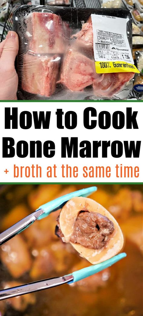 Beef bone marrow recipe made in the Instant Pot or pressure cooker comes out tender. Great way to make homemade beef stock at home too. #beefbonemarrow #bonemarrow #beefstock Beef Marrow Bone Broth, Beef Bone Marrow Soup, Bone Marrow Tacos, Marrow Bones Recipe, How To Cook Bone Marrow Bones, Bone Marrow Recipe, How To Cook Beef Bone Marrow, How To Make Beef Broth From Bones, Bone Marrow Broth