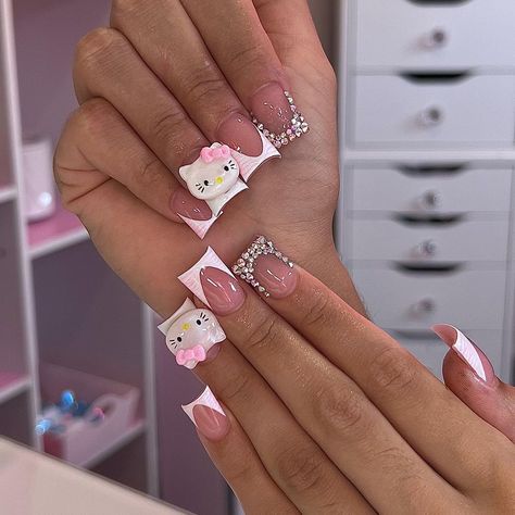 Hello Kitty Inspired Nails Short, Short Duck Nails Hello Kitty, Hello Kitty Duck Nails, Cat Hairstyles, Hello Kitty Nail, Pink French Tip, Kitty Nail, Kids Nail Designs, Kitty Nails