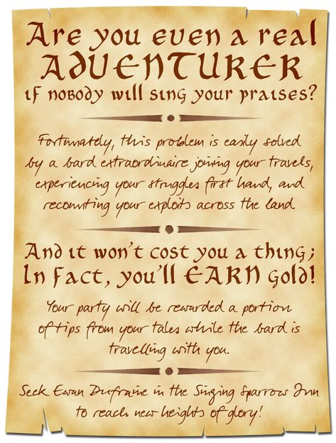 Bards can be a TTRPG adventuring party's greatest weapon - not just because of their magic, but because of their ability to tell the tale of the heroes far and wide (not to mention putting a good spin on it)! Grab this free printable poster for your home DnD games on my website along with more fun ideas on how to use it! If you like these posters, please consider supporting my Patreon for early access, poster voting, and fun exclusives - https://www.patreon.com/OfMetalAndMagic Dnd Jobs Board, Fantasy Wanted Poster, Dnd Quest Board, Dnd Wanted Poster, Dnd Adventure Ideas, Dnd Side Quest Ideas, Dnd Quest Ideas, Dnd Handouts, Dnd Quests