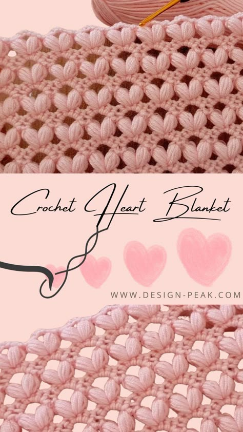 Crochet Heart Stitch Blanket – Let’s Learn – Tutorials & More Big Crochet Stitches, Crochet Decorative Stitches, Crochet Ideas One Skein, Puff Heart Crochet, 2 Color Crochet Stitches, Elegant Crochet Stitches, Verigated Yarn Projects, Crochet Heart Border, 2 Color Crochet Pattern