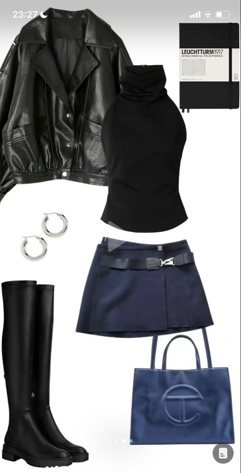 Black and dark blue oufit, miniskirt, 90s, boots, leather jacket, university fit Dark Blue Skirt Outfit, Dark Blue Mini Dresses, Denim Mini Skirt Outfit, Blue Skirt Outfits, Dark Blue Skirt, Dark Blue Denim Jacket, 90s Boots, Leather Jacket Outfits, Miniskirt Outfits