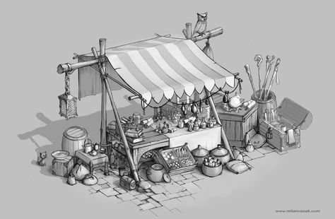 ArtStation - Magic Market Stall, Milan Vasek Medieval Market, Props Concept, Props Art, Building Concept, Fantasy Props, Market Stall, Market Stalls, Game Concept Art, Game Concept