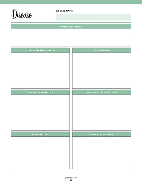 A disease study template with sections for pathophysiology, clinical manifestations, interventions, lab diagnostics, nursing considerations, risk factors, and patient education. Disease Template Nursing, Disease Process Template, Preparing For Exams, Study Effectively, Journaling Digital, Bullet Journal Printables, Planners Printables, Patient Education, Planning Printables