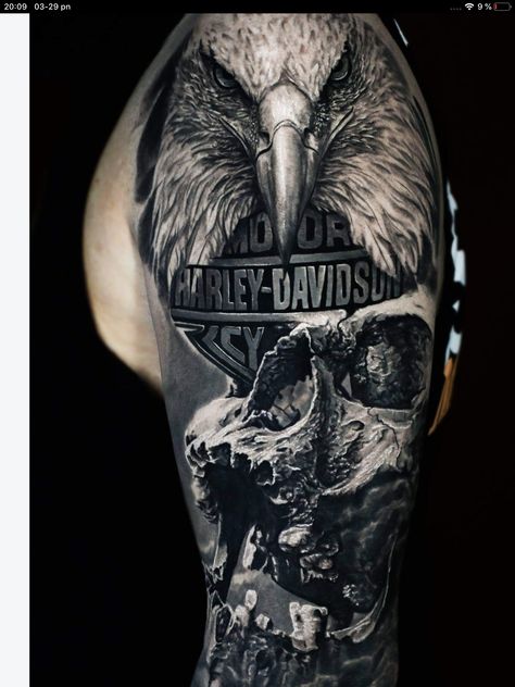 Womens Harley Davidson Tattoos, Harley Davidson Eagle Tattoo, Motocycle Tattoo Idea, Harley Tattoo For Men, Harley Davidson Tattoo Design, Outlaw Tattoos For Men, Biker Tattoos For Men, Motorcycle Tattoos For Men, Biker Tattoo Design