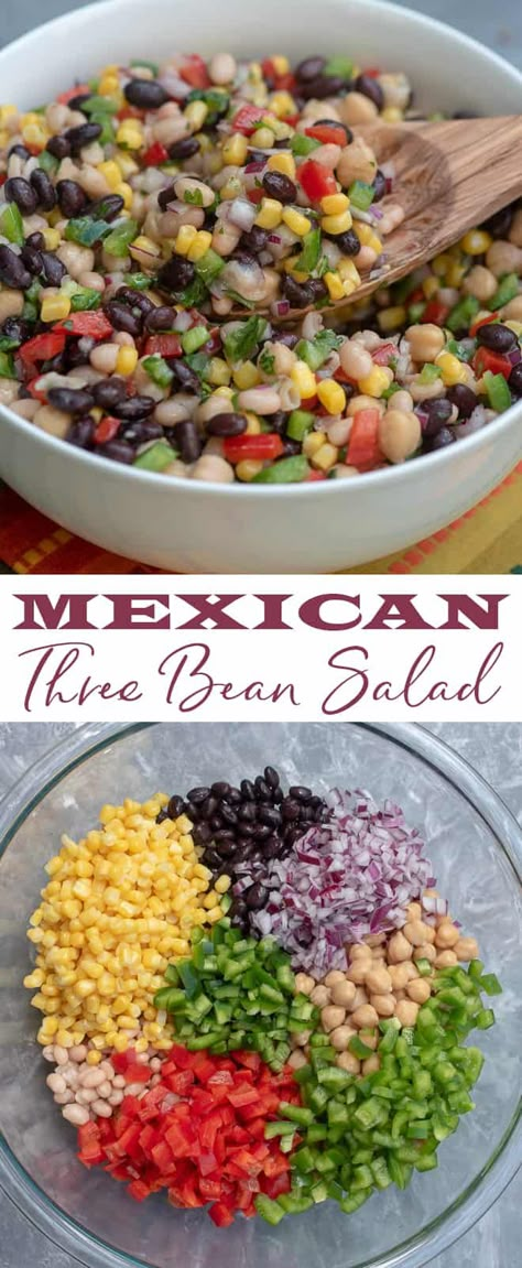 This versatile Mexican Three Bean Salad is delicious all on its own, tossed in a salad, or stuffed inside tortillas with grilled chicken or shrimp. #mexicanbeansalad #beansalad #beans #sidedishrecipes #mexicanrecipes #healthyrecipes Mexican Bean Salad, 3 Bean Salad, Easy Potluck Recipes, Bean Salads, Easy Potluck, Three Bean Salad, Mexican Salads, Bean Salad Recipes, Salad Pasta