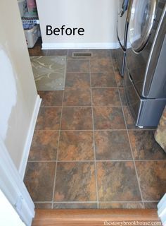 Painting & Stenciling Vinyl Flooring - The Pros & Cons Paint Bathroom Countertops, Painting Laminate Floors, Painting Bathroom Countertops, Painting Linoleum Floors, Paint Linoleum, Farmhouse Kitchen Flooring, Painted Vinyl Floors, Laminate Tile Flooring, Paint Bathroom