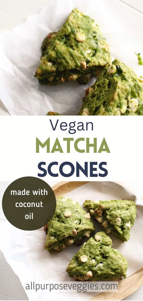 Homemade Matcha Scones with White Chocolate Chips (No Butter Required!) - All Purpose Veggies Saint Xenia, Vegan Matcha Latte, Matcha Scones, Mini Scones, Sweet Matcha, Vegan Scones, Sweet Breakfast Treats, Gourmet Vegan, Vegan Bread