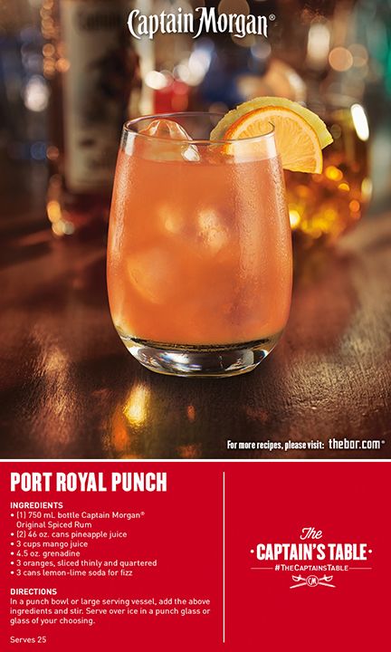 Ladle up a great time! Captain Morgan® Port Royal Punch is an easy mixed cocktail for your entire group. Loaded with delicious pineapple sweetness. #drinkrecipe #drinks #TheCaptainsTable Captain Morgan Drinks, Cocktails With Rum, Fruity Alcohol Drinks, Coctails Recipes, Liquor Recipes, 100 Whey Protein, Captain Morgan, Rum Drinks, Port Royal