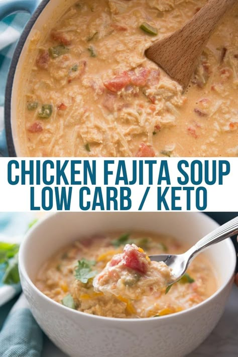 This easy keto-friendly Mexican fajita soup is made without tortillas and super low in carbs! Use pre-cooked shredded chicken to turn this recipe into a quick 30-minute meal! Fajita Soup Recipe, Fajita Soup, Soup Keto, Chicken Fajita Soup, Medicine Tips, Low Carb Chicken Recipes, Chicken Fajita, Keto Soup, Low Carb Soup