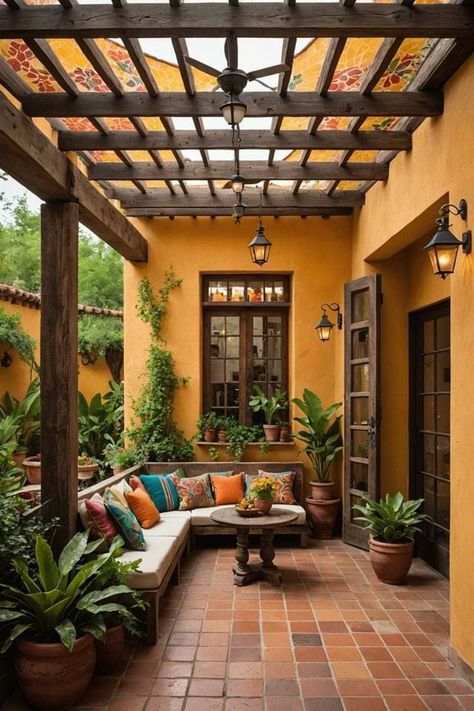 Mexican Tile House, Mexico Patio Ideas, Mexican Style Outdoor Patio, Desert Porch Ideas, Spanish Style Outdoor Patio Ideas, Southwest Front Porch Ideas, Outdoor Spanish Patio, Italian Patio Ideas Backyards, Mexican Landscaping Ideas