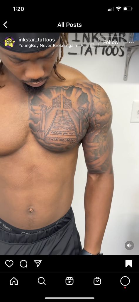 Chest And Upper Arm Tattoo, World On Shoulders Tattoos, Sleeve Tattoos Shoulder, Black Man Chest Tattoo, Chest To Shoulder Tattoo Men, Shoulder And Chest Tattoo, Chest And Arm Tattoo Men, Chest And Shoulder Tattoo For Men, Stomach Tattoos For Guys Lower