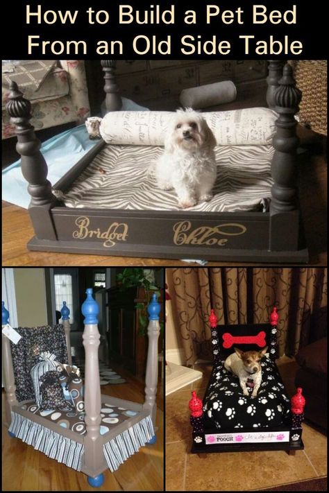 Pet Bed Side Table, Table To Dog Bed, Pet Beds From Old Furniture, End Table Pet Bed, Repurposed Side Table, Dog Bed Inspiration, Cute Beds, Creative Dog Bed, Upcycled Pet Bed