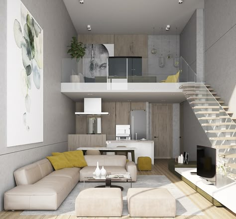 Loft Apartment Living Area on Behance Apartment Living Area, Loft Apartment Interior, Small Loft Apartments, Tiny Loft, Loft House Design, Tiny House Interior Design, Loft Interior Design, Small House Interior, Small Apartment Interior