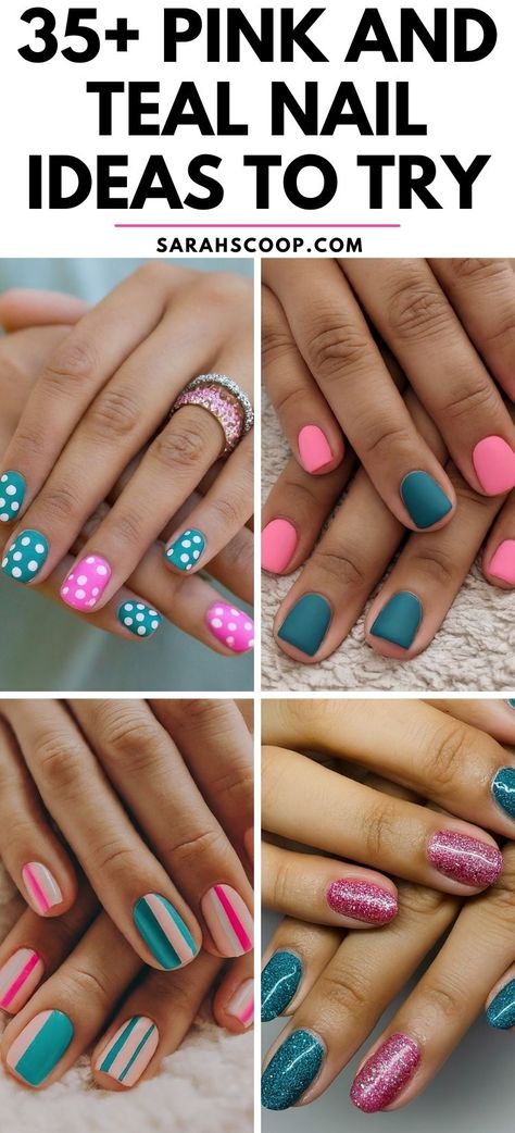 Get inspired by these creative and stylish pink and teal nail designs, perfect for those who love to experiment with bold colors and nail art techniques.💗💙 #NailDesigns #NailArt #Nails Teal And Pink Nail Designs, 2 Nail Color Ideas Each Hand, Teal Pink Nails, Hot Pink And Teal Nails, Dark Teal Nail Ideas, Pink And Teal Nails Design, Coral And Teal Nails, Teal Nails Turquoise, Teal And Pink Nails