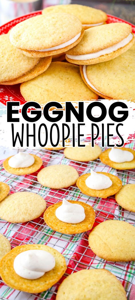 Eggnog Whoopie Pies are a holiday treat that the whole family loves. Easy to make and even more fun to eat, everyone will want the last one! #BreadBoozeBacon @SouthernComfort #eggnog #whoopiepies #rum #buttercream #dessert #sandwich #christmasrecipe #christmasdessert #nutmeg Eggnog Whoopie Pies, Christmas Whoopie Pies, Rum Buttercream, Whoopi Pies, Whoopie Pie Filling, Waffle Cone Recipe, Pie Ideas, Christmas Food Crafts, Red Velvet Whoopie Pies